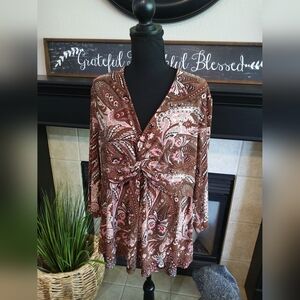 I.N.C - Paisley V-Neck Women's Top - Brown and Pink